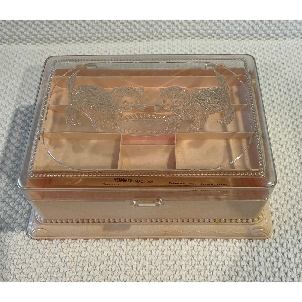 1950s Hommer Mfg Co Hard Plastic Pink Clear Lid Kittens Sewing Box VTG